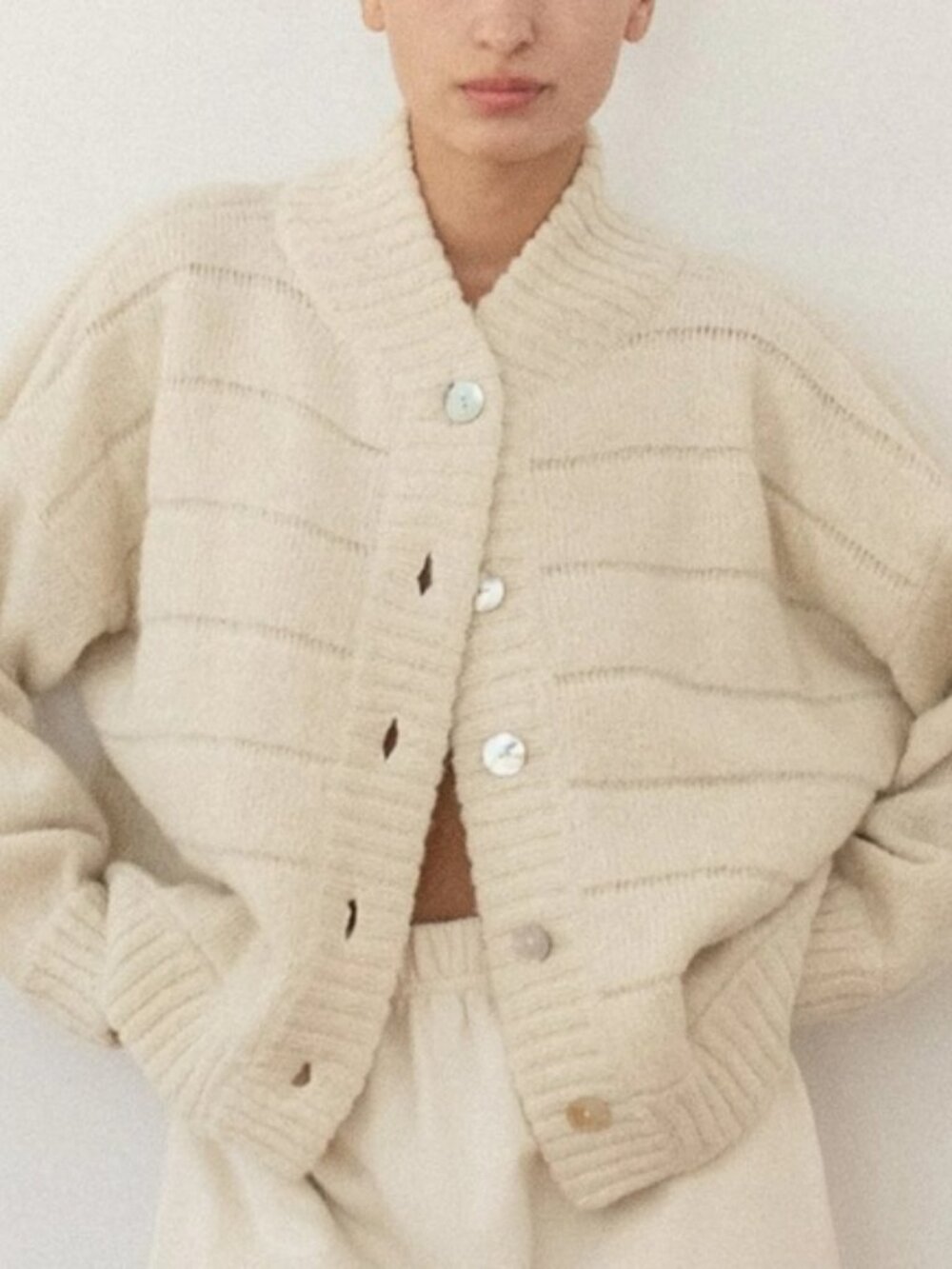 Wol Hide Quilted Bomber in Ecru. lofty alpaca knit. size M/L